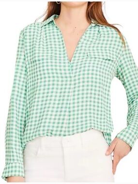 Ann Taylor Green and White Gingham Button-Front Camp Shirt Size XS